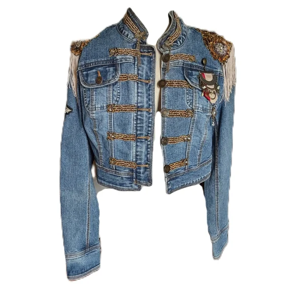 Upcycled Classic Denim Crop Jean Jacket With Hand Embellished Appliques - Picture 2 of 7